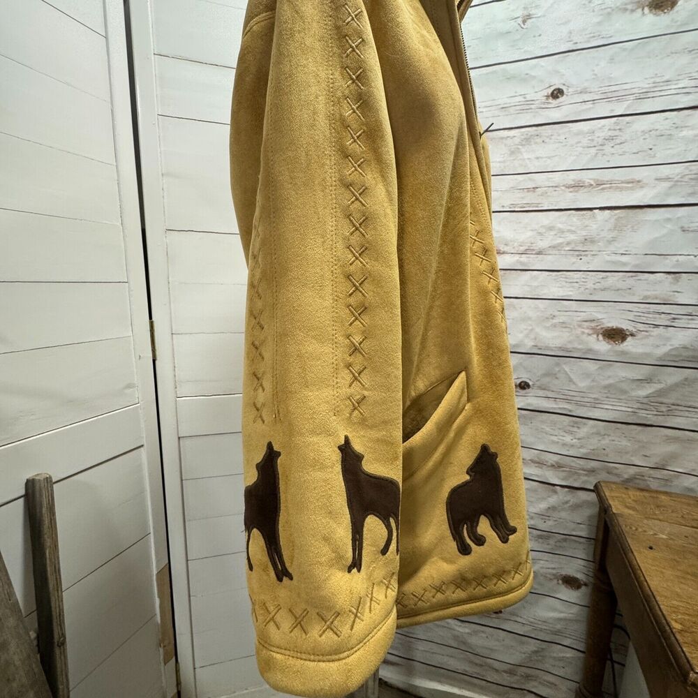 Coldwater Creek Wolf Coat Jacket Tan Faux Suede Lined Full Zip Fur Hooded Medium - Picture 12 of 14